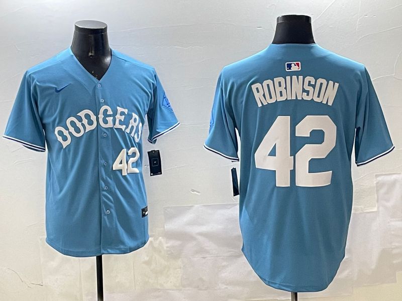 Men Los Angeles Dodgers #42 Robinson Light Blue Joint Name 2025 Nike MLB Jersey style 20